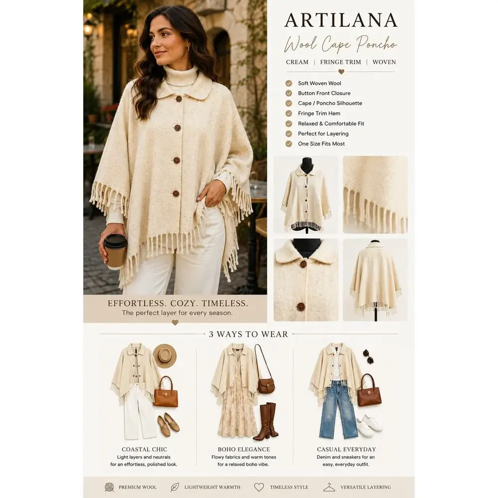 Artilana Wool Cape Poncho Cream Fringe Ruana Wrap Jacket Boho One Size